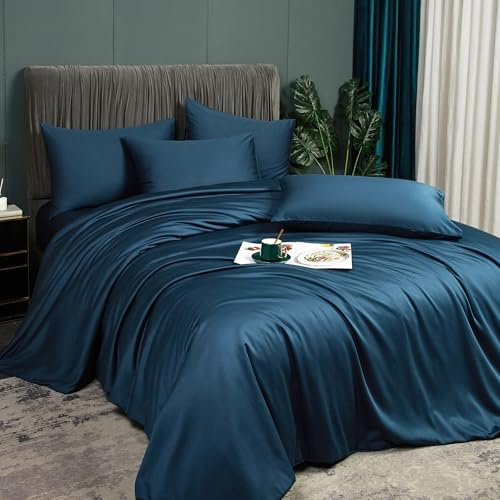 Luofanfei Parure de lit Bambou 220x240 Pétrole Adulte 2 Personnes Unie Lyocell Housse de Couette Soie Lisse Soyeux Brillant Ensemble Literie avec Fermeture éclair et 65x65cm Taies d'oreiller
