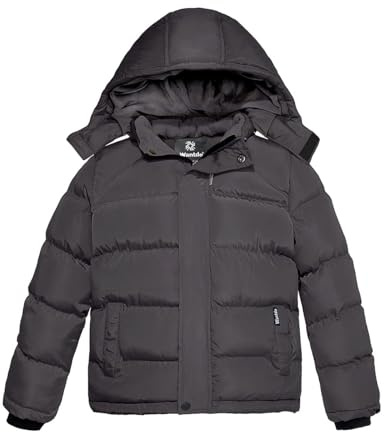 Wantdo Pojke vinter varm fleecejacka tjock bomull vadderad parkas klassisk vindtät jacka utomhus huva jacka, Mörkgrå, 152-158