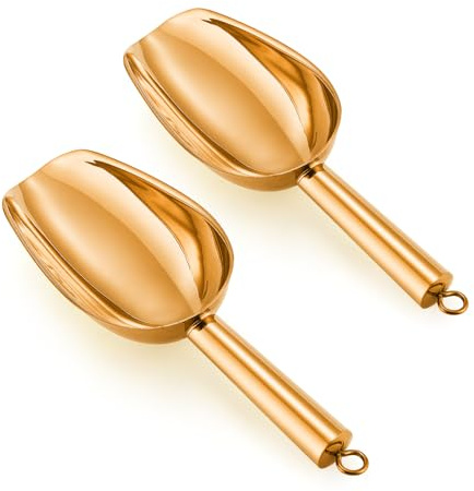 Leonyo 2 Pack Metal Ice Scoop, 6oz Stainless Steel Ice Scoop for Freezer, Flexible Food Scooper for Ice Cube Machine, Cocktail Bar Bucket, Wedding Party, Store Popcorn, Candy – Glod