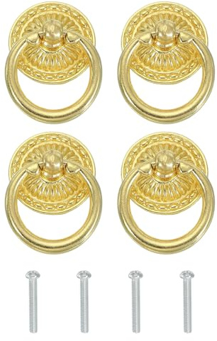 PATIKIL 4 Stück Vintage Möbelgriffe Gold, Zinklegierung Ziehen Ring Griffe mit Schrauben, Retro Ringgriff für Schubladen Schrank Kleiderschrank Kommode Schmuckbox Küchenschrank Möbel
