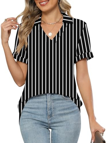 Rapbin Blusa para mujer de manga corta de verano con cuello en V tops elegante camisa de negocios blusa de algodón casual para mujer túnica polo blusas con cuello de solapa 2025