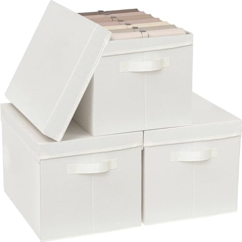 wintfarm Aufbewahrungsbox mit Deckel,3 Stück Faltbare Aufbewahrungsbox,Beige Korb mit Deckel, Aufbewahrungskorb für Cupboard,Schrank,Kleidung,Badezimmer Regal,37x 27 x 26 cm
