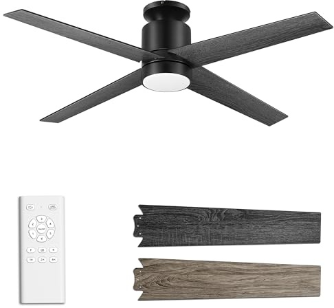 Ohniyou Deckenventilator mit Beleuchtung und Fernbedienung, 132 cm Deckenventilator mit Licht, Leise, 4 Flügel, 6 Geschwindigkeiten, für Schlafzimmer, Wohnzimmer, Schwarz