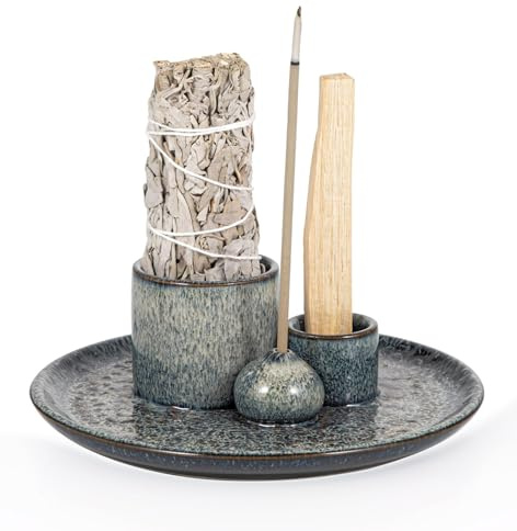 Porte-Sauge en Céramique 3 en 1, Support pour Palo Santo, Sauge et Plateau Collecteur de Cendres Fait Main pour Salle de Méditation (Vert)