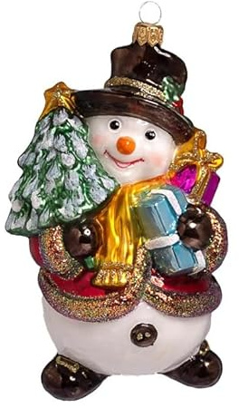 Glas Christbaumschmuck mundgeblasen handbemalt in Europa | Weihnachtsbaum Anhänger für Weihnachten | Christbaumanhänger | Weihnachtsbaumschmuck (Schneemann mit Weihnachtsbaum)