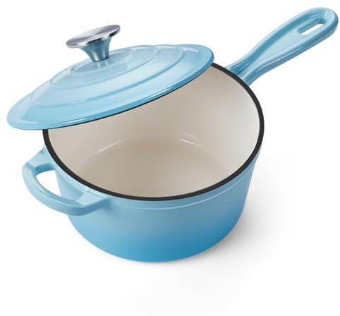 Onader 2 Quart Enameled Cast Iron Saucepan, Small Cast Iron Sauce Pan Pot for Cooking, Enamel Dutch Oven Kitchen Pot – Lake Blue