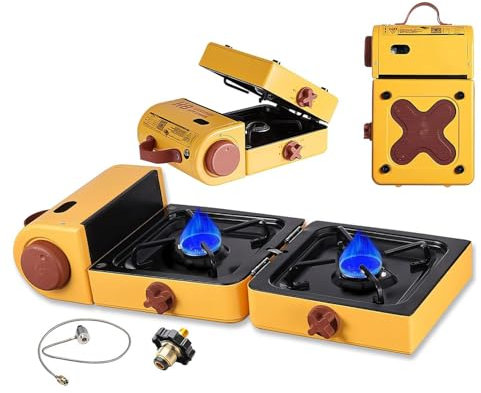 Estufa de camping plegable, quemador de gas portátil con asa de fácil transporte, encendido piezoeléctrico, compatible con combustible de isobutano para cocinar al aire libre y barbacoa