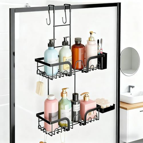 Etagere Douche à Suspendre, Noire à Suspendre pour Porte de Douche en verre | Sans Perçage Etagere Douche, Étagère de Douche Suspendue avec 2 Paniers, Inoxydable, Réglable pour Salle de Bain