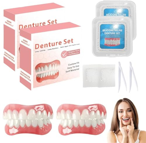EIHI 2 Set di Dentiera Premium con Colla Dentale da 10 g, Dentiera in Silicone Bocca Completa, Kit Denti Superiore e Inferiore, Set Denti Finti per Uomini Donne, Vestibilità Confortevole（A）