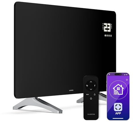 Klarstein Infrarotheizung 480W – Wandmontage & Standgerät, Thermostat, App-Steuerung, IP43, Glas-Design, Überhitzungsschutz, für Bad & Wohnzimmer, elektrische Wandheizung, Schwarz
