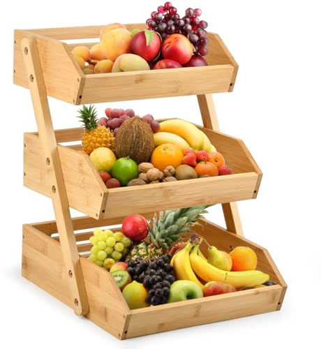 DODUOS 3 Tier Fruit Basket Wooden Vegetable Rack, Fruit Baskets for Kitchens Fruit Racks, Vegetable Baskets for Kitchens Veg Rack, Fruit Stand Bread Vegetables Storage Stand For Kitchen Countertop