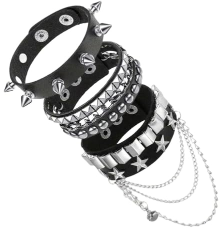 JYNXOR 3 Pcs Bracciale Uomo Pelle Nera Punk Rock, Gotici Anni 80, Con Borchie e Punte, Stile Punk Rock, Vintage, Accessori Steampunk, Braccialetti Regolabili, Accessori Moda, Per Uomo Donna, Cosplayer
