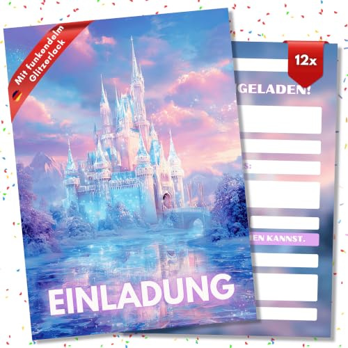 HIDEBLOOM Winterschloss Einladungskarten Kindergeburtstag Mädchen - 12 Stück - DIN A6 (10,5 cm x 14,8 cm) - Einladungen Geburtstag Eisschloss - Geburtstagseinladungen Schloss