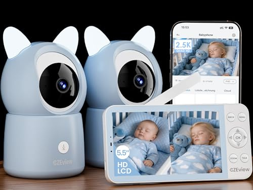CZEview Babyphone mit 2 Kameras 2.5K & 5.5-Zoll-HD-Großbildschirm, Nachtsicht, 360° WLAN Video Babyfon mit App, Musik & Buntes Nachtlicht, Intelligente Erkennun | Superklar, Nachtsicht, Zwei-Wege-Audio, Schlaflieder, Temp.-Sensor, Schwenk-Neige-Zoom, App-Fernsteuerung, Nachtlicht