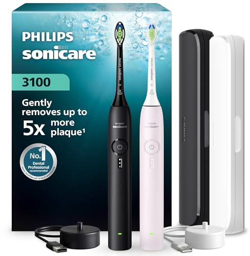 Spazzolino elettrico sonico Philips Sonicare Serie 3100 - Sensore di pressione, 3 intensità, EasyStart, SmarTimer, autonomia 14 giorni, custodia, nero e rosa, confezione da 2, HX4072/42, [Nuovo]