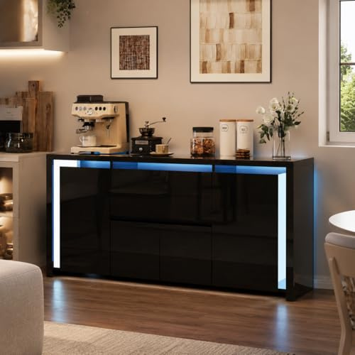 LONELYO Buffet Noir Laqué 4 Portes 2 Tiroirs avec Éclairage LED, Meuble de Rangement Moderne pour Salon, Cuisine ou Entrée, Design Haut Brillant (Noir)