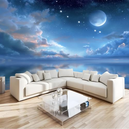 Azul Papel Pintado Sueño 400 X 280 Cm Estrellas Luna Nubes Mar Fotomurale 3D, Fotomurales Pared Tejido No Tejido Murales Fotográfico - Moderno Decoración De Paredes