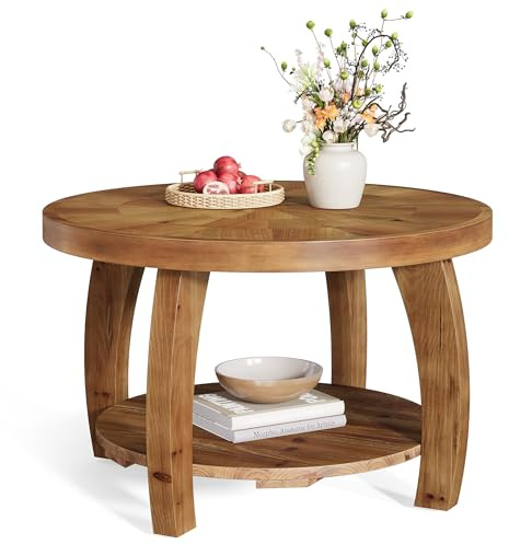 TRIBEWOOD 31.5 Solid Wood Round Coffee Table, 2-Tier Center Table with Mosaic Pattern Tabletop & Storage Shelf, Easy Assembly, for Living Room - Brown