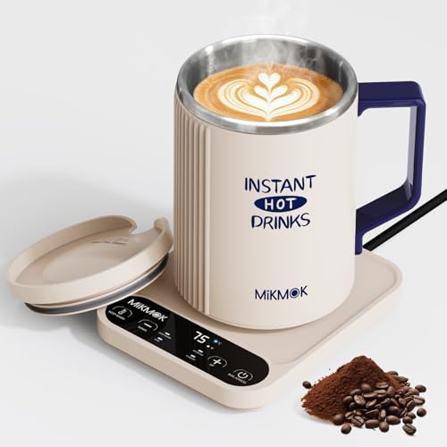 MIKMOK Taza calentadora eléctrica 400ml 300W Acero 304 | Temp. regulable 40–100 °C, display LED, mantiene calor 4h, compacta para oficina y residencias