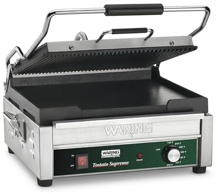 Waring Commercial WDG250 Tostato Supremo Ribbed Top Plate and Flat Bottom Plate Large Surface Panini Grill, 120 V, 1800W, 5-15 Phase Plug