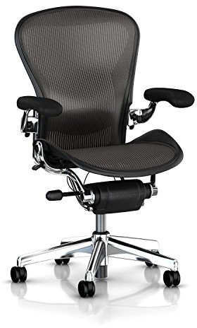 Herman Miller Polished Aluminum Aeron Executive Chair Highly Adjustable with Lumbar Support Pad, Vinyl Arm Pads and Hard Floor Casters - Large Size (C) Classic Dark Carbon Pellicle Chrome Home Office
