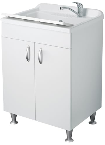 Negrari Eco Lavatoio Bianco Misura 60x45 L60 P45 H85CM Lavapanni Interno Bagno Lavanderia Base Mobile Nobilitato Idrofugo Legno Lavabo Plastica Asse Piedini Ante Battenti Economico Qualità Medio Alta