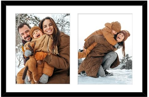 Golden State Art, 12x19 Black Wood Collage Picture Frame with White Mat - Displays Two 8x10 Photos - Real Glass, Sawtooth Hanger, Swivel Tabs - Wall Mounting - Great for Collages, Weddings