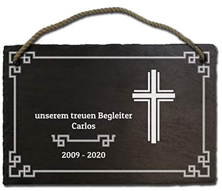 elbedruck Schiefertafel Grabplatte Gedenktafel mit Kreuz Gedenkstein Grabstein ca. 20x30cm graviert mit Wunschtext und Name, auch möglich als Klingelschild Türschild, Motiv D (mit Kordel)