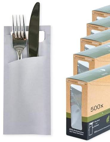 PG PrimeGuest SUPPLY Bestecktasche Prime Fit 85 x 190 mm mit 2-lagiger Tissue-Serviette in Weiß Serviettentaschen ideal für Gastronomie und Feiern 500 Stück (Grau)