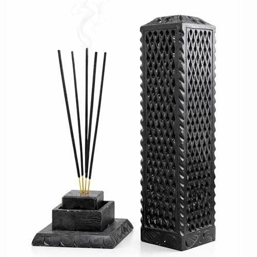 KC KULLICRAFT Handmade Marble Black Soapstone Incense Stick Burner | Candle Stick Holder | Tea Light Burner - Perfect Jaali Carving for Gifting. Decorative Home and Kitchen Decor (3 x 3 x 11 Inches).