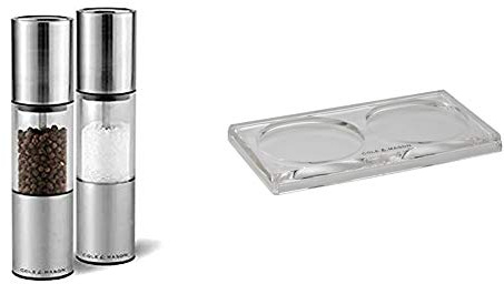 Cole & Mason H56390P Oslo Salt and Pepper Mills 185mm 2 x Salt and Pepper Grinders & H306119 Ramsgate Clear Salt and Pepper Mill Tray (H) 13mm x (W) 95mm x (D) 157mm