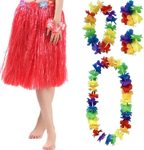 Quickdraw Hawaii Lei Hula Bastrock mit Blume Girlande Kostüm 5 Teile Aloha Sommer Party Satz - Rot, one Size