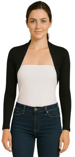 STAR FASHION Womens Long Sleeve Shrug Bolero Cardigan Ladies Cropped Open Front Lightweight Summer Cover Up Top Mini Blouse Jacket Black 12-14