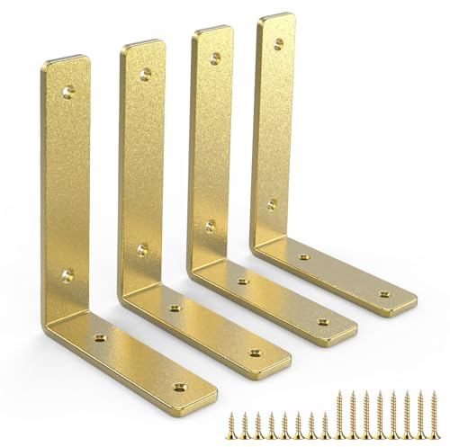 L Shelf Brackets 10 inch, Gold Heavy Duty Iron Shelf Brackets, Industrial Modern Floating Shelf Support for Wall Mount Shelves