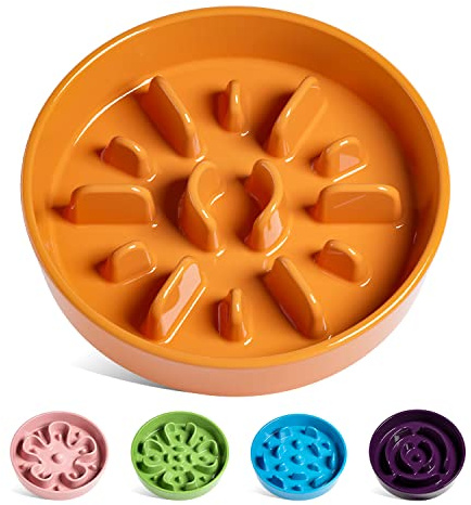 LE TAUCI Hundskål, långsam matare i keramik, 3,5 dl, matskål för små och medelstora raser, valpskål för de som äter snabbt, sol, orange