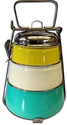 Artisanat avec amour : une belle boîte à déjeuner traditionnelle peinte à la main et tiffin en 3 parties, design blanc, matériau : acier inoxydable