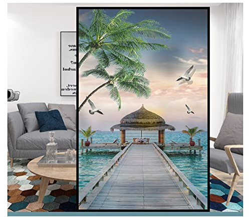 Siunwdiy Sichtschutzfolie Fensterfolie Selbsthaftend Blickdicht Sichtschutz und Sichtschutz, schönes Himmel und Meer, Statisch Haftend Anti-UV Dekorfolie für Bad Küche Büro Zuhause,G,45x100cm(18x40)