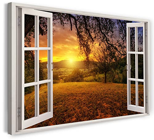 Printistico Bilder Fensterblick 100x70cm Baumwoll-Leinwand auf Keilrahmen mit Aufhänger moderner Kunstdruck XXL Wandbilder Wand-Dekoration Feld Sonnenuntergang Natur Baum - Natur-Fotografie