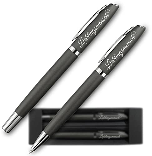 polar-effekt Metall Schreibset Grau mit Gravur - Motiv: Lieblingsmensch - 1x Kugelschreiber, 1x Rollerball Pen - Büro - ergonomischer Griff - nachhaltig wiederverwendbar - für Erwachsene und Kinder