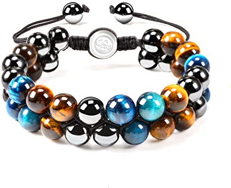 VGWON Herren Damen Armband mit Dreifachschutz 8/10mm Schwarz Blau Hämatit Tigerauge Armband Heilung Naturstein Perlenarmband für Männer Bringt Glück und Wohlstand
