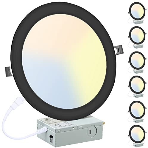 LZHOME 6 Pack 8 Inch LED Recessed Lighting with Junction Box Ultra-Thin, 3000K/4500K/6000K Selectable, 8 Dimmable Canless LED Downlight, 1800LM CRI80 High Brightness 5%-100% Recessed Light (Black)