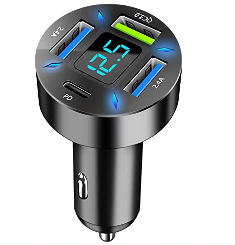 4 Port Car Charger Adapter 50W QC3.0 & PD Car Cigarette Lighter Outlet with LED Voltmeter Phone Charger for iPhone, Android, Samsung, iPad Pro