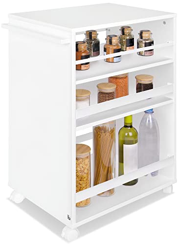 bomoe Nischenwagen Servierwagen auf Rollen mit 3 verstellbaren Ebenen & FSC® Holz Küchenwagen mit Arbeitsplatte – freistehender Universal Rollwagen Küche Bad Büro 50x38x79 cm Weiß Bengt