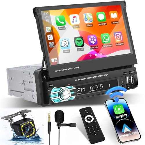 Autoradio 1Din Wireless Carplay Android Auto mit Ausfahrbarem 7 Bildschirm Autoradio Stereo mit Bluetooth-Freisprecheinrichtung USB Typ-C Schnittstelle AUX FM RDS Mirror Link Rückfahrkamera