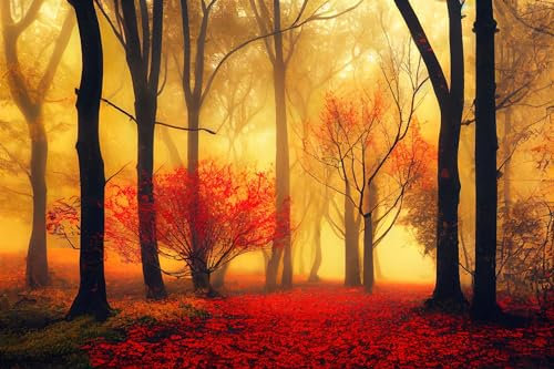 Acryl-Bild 110 x 70 cm: Schöner mystischer Wald im blauen Nebel im Herbst. Bunt (192733990)