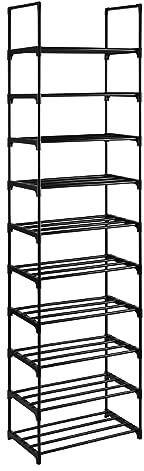 T-LOVENDO.ES Zapatero, Organizador de Zapatos, 10 Baldas, Armario Zapatero Abierto, Estrecho, 30 x 45 x 174 cm, Estantes de Tubos de Hierro, Dormitorio, Pasillo, Trastero