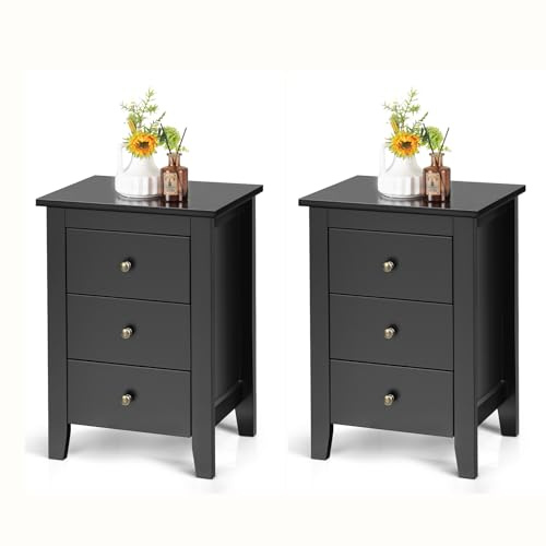 KOMFOTTEU Mesita de Noche con 3 Cajones, Mesilla Auxiliar de Almacenamiento para Dormitorio, Cómoda de Madera de Estilo Moderno, Mueble con Cajones para Salón, Pasillo, 46 x 37 x 65 cm (Negro X 2)