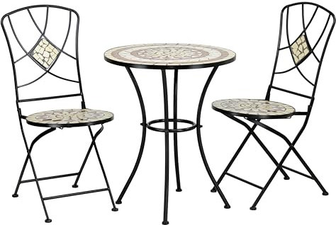 Totò Piccinni Set completo di Tavolo e 2 Sedie Pieghevoli con MOSAICO e struttura in metallo con decoro in terracotta (CAPRI)