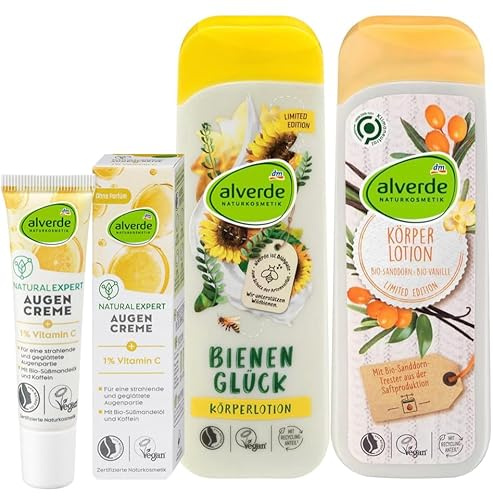 alverde Naturkosmetik 3er-Set Hautpflege: Augencreme Natural Expert Vitamin C Feuchtigkeit strahlender Teint (15 ml) + Bodylotion Bienenglück (250 ml) + Körperlotion Sanddorn Vanille (250 ml), 515 ml