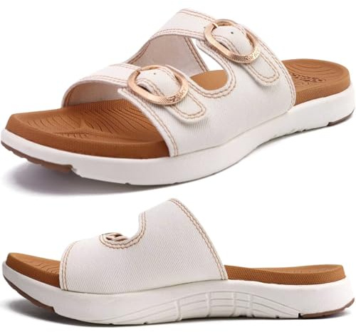 COFACE Damsandaler Mode Bekväma Plantar Fascit Sommar Ortopediska Slides Lätta Sandaler Med Yoga Matt Öppen Sandaler, Khaki vit, 35 EU